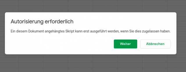 Screenshot der Autorisierungsaufforderung in Google Sheets