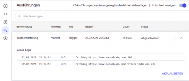 Abgefragte URL und Status-Code der Response in einem Auszug aus den Logs