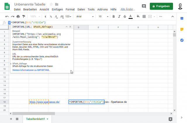 Screenshot von Google Sheets mit der Funktion IMPORTXML() und der zugehörigen Hilfe