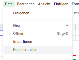 "Kopie erstellen" unter dem Menüeintrag "Datei" in Google Sheets