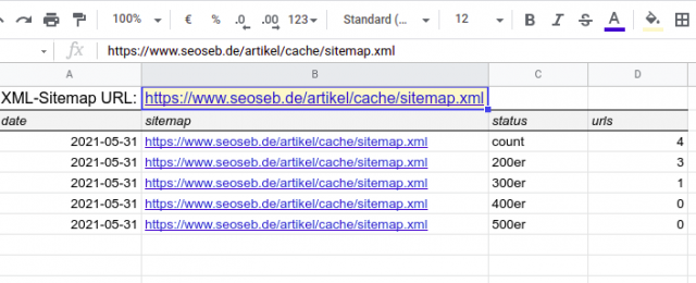 Screenshot der Tabelle mit Daten eines Sitemap-Checks