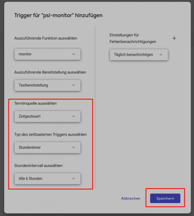 EInrichtungsdialog für automatische Skriptausführung mit markierten Einträge