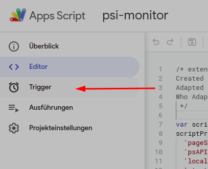 der Menüeintrag "Trigger" im Menü des Apps Script Editors