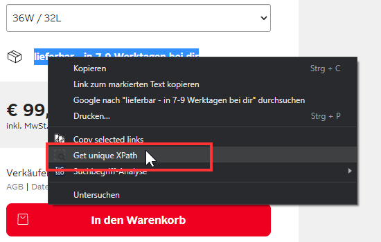 Screenshot des Kontext-Menüs in Chrome mit dem Eintrag _Get unique XPath_