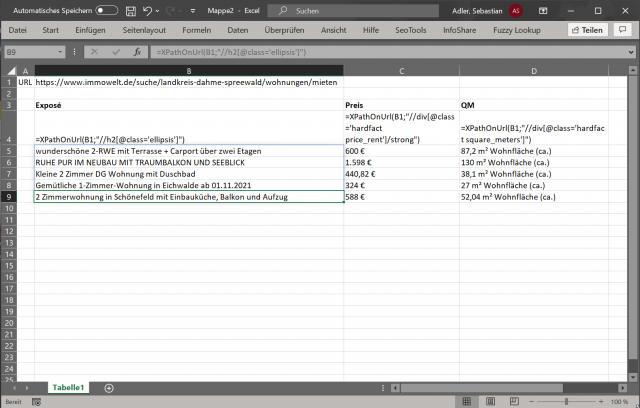 Screenshot einer Excel-Tabelle mit mehreren XPathOnUrl-Funktionen und deren Ergebnissen