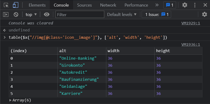 Die Ausgabe von Informationen aus XPath-Abfragen in einer Tabelle auf der Chrome Dev-Console