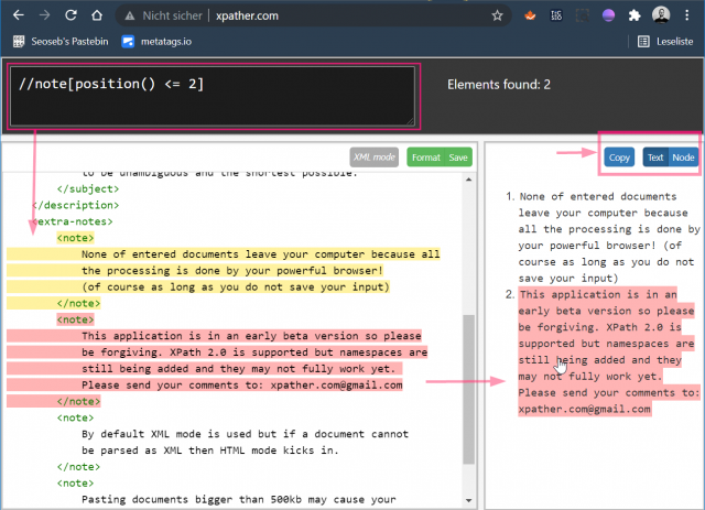 Screenshot von xpather.com mit markiertem Quelltext und dem zugehörigen Xpath-Abfrage-Ergebnis